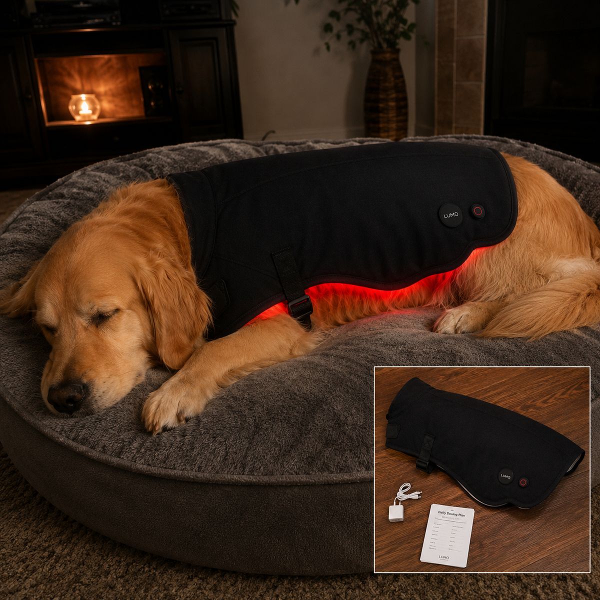 The Lumo Vest on a sleeping golden retriever, red light glowing under the lining